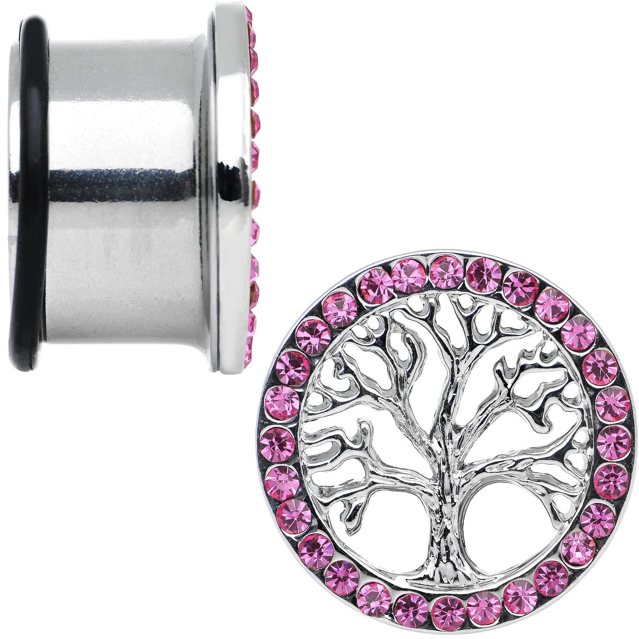 11/16 Pink Gem Stainless Steel Single Flare Tree of Life Plug Set