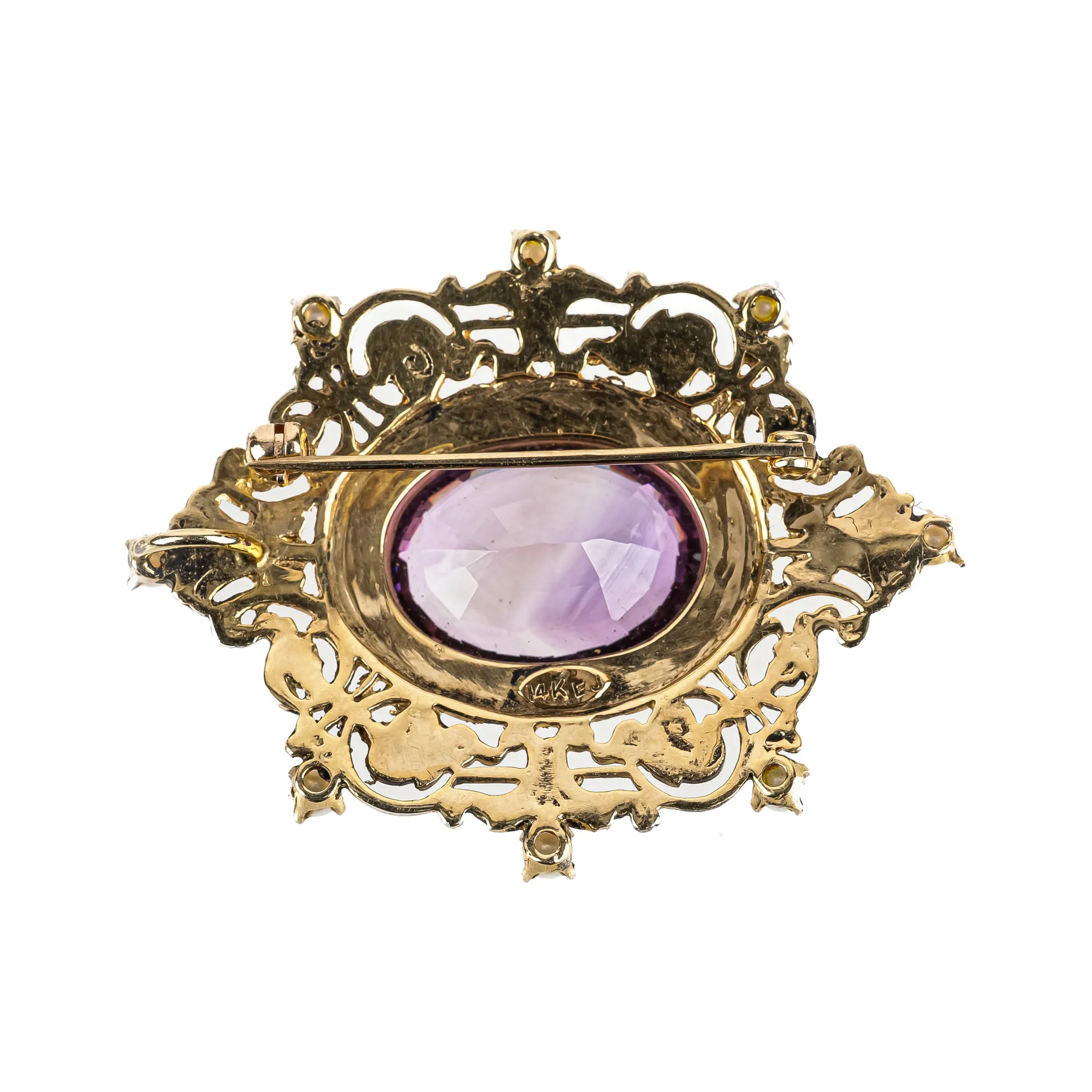 14K Yellow Gold Oval Amethyst Pearl Brooch