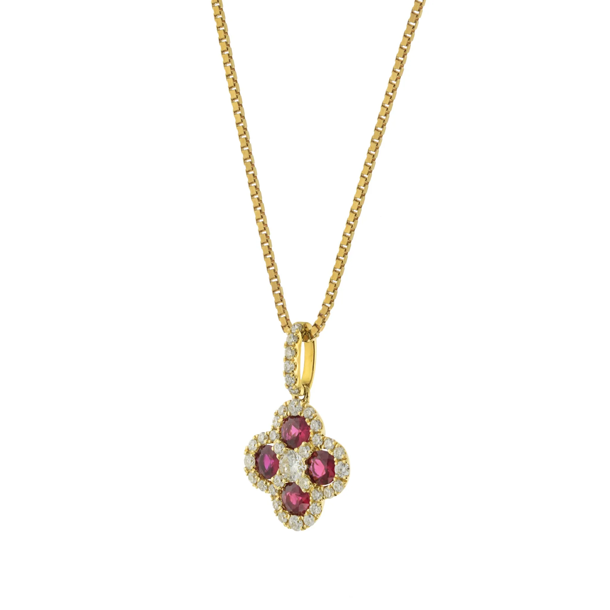 18KT Yellow Gold Ruby and Diamond Clover Pendant