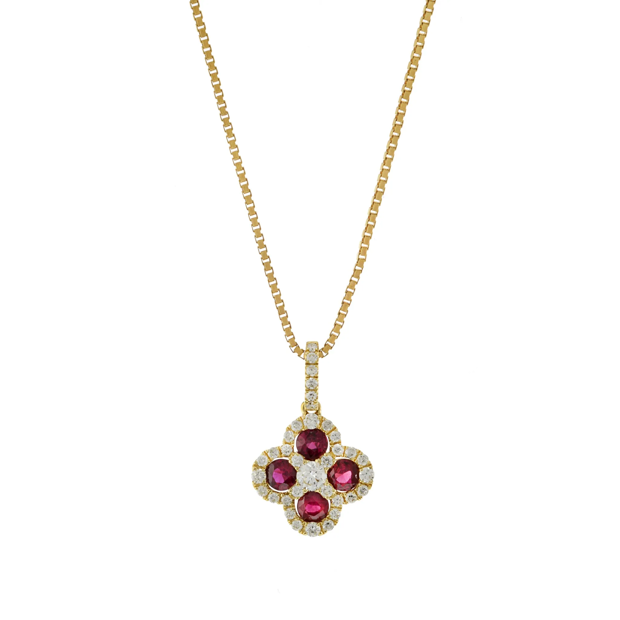 18KT Yellow Gold Ruby and Diamond Clover Pendant