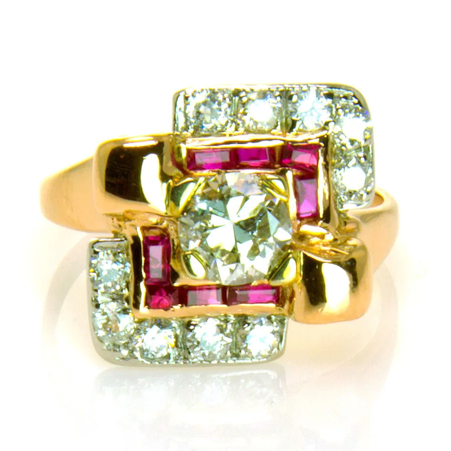 1940s Retro Diamond & Ruby Ring