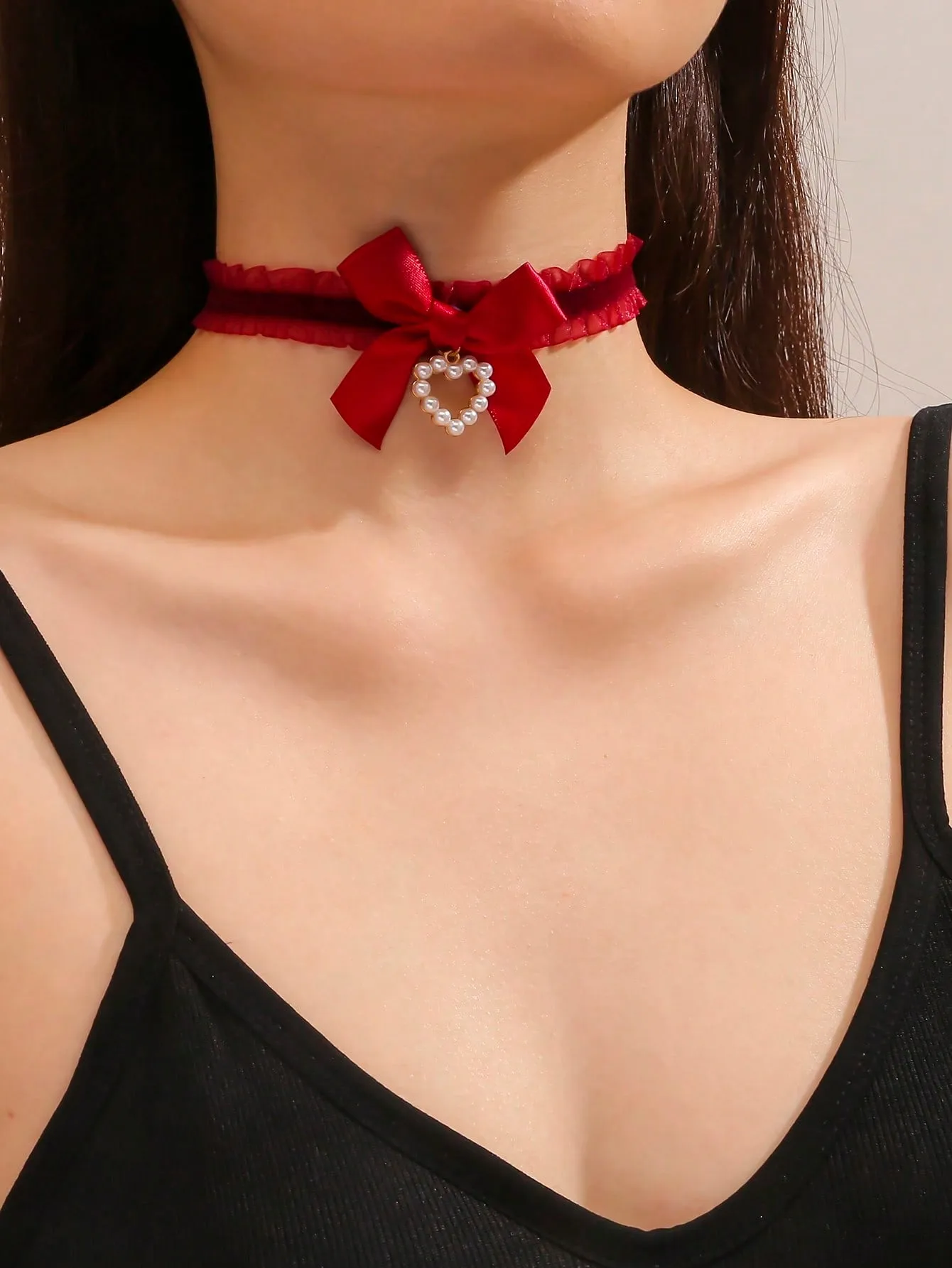 1pc Ladies Chiffon Heart & Bowknot Choker Statement Necklace Modern Necklace