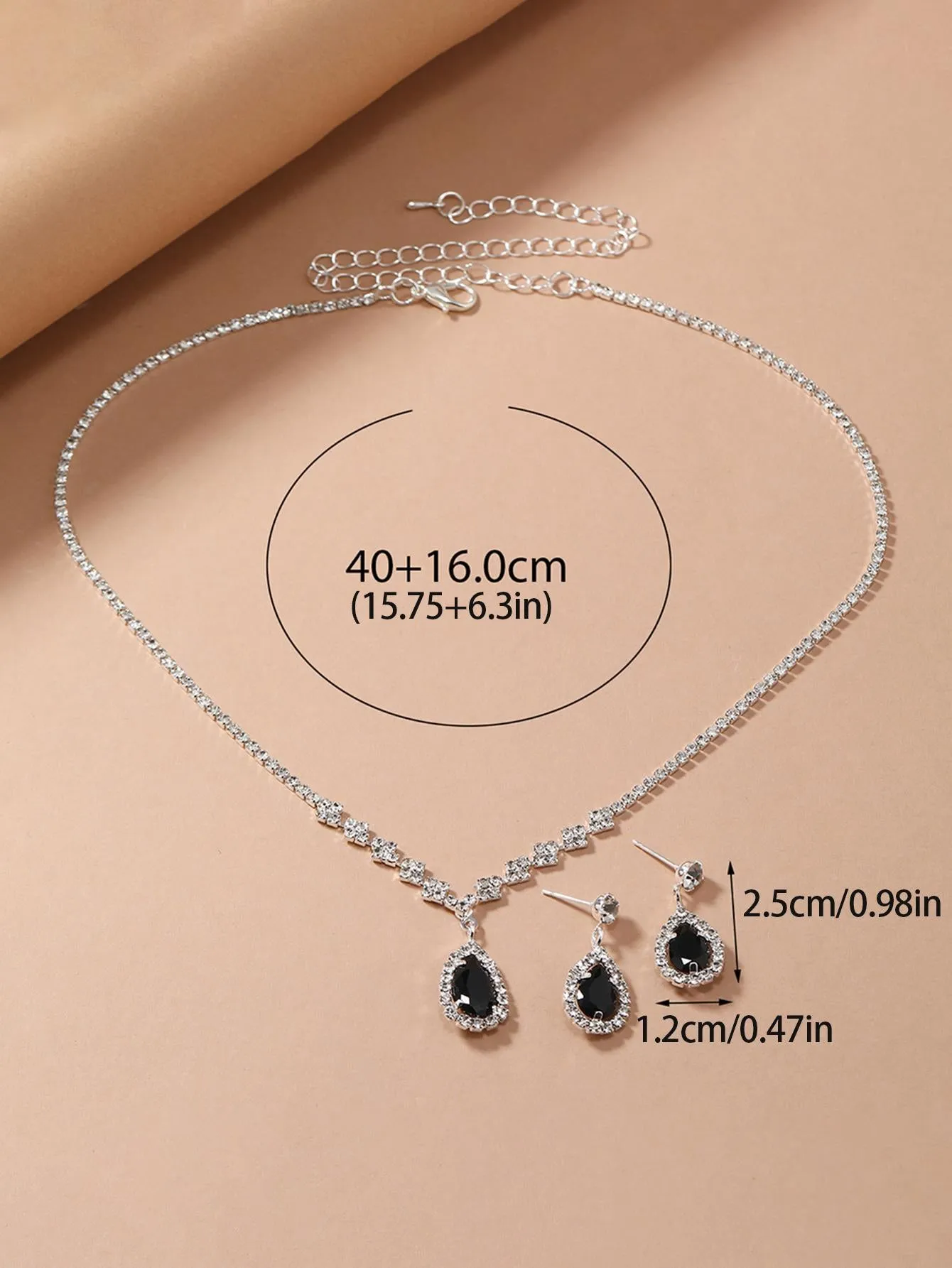 1set Rhinestone Water-drop Decor black Jewelry Set Necklace and Earrings