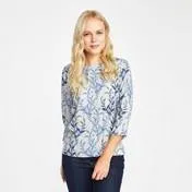 3/4 Sleeve Twill Underwater Leaves Print Top