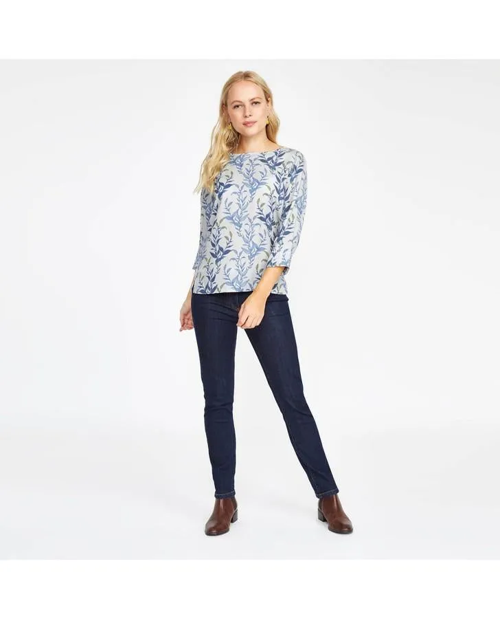 3/4 Sleeve Twill Underwater Leaves Print Top