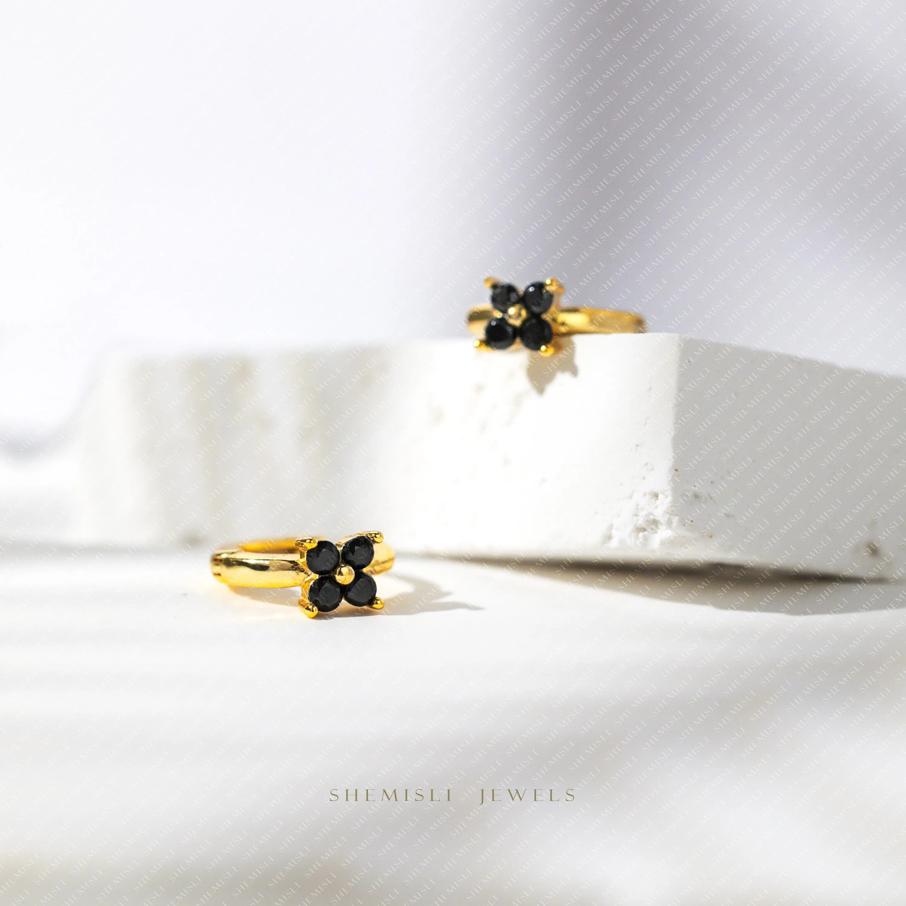 4 leaf Clover Black CZ Drop Hoop Earrings Stack Set, Flower Dangle Huggies, Unisex, Gold, Silver SHEMISLI SH585, SH544