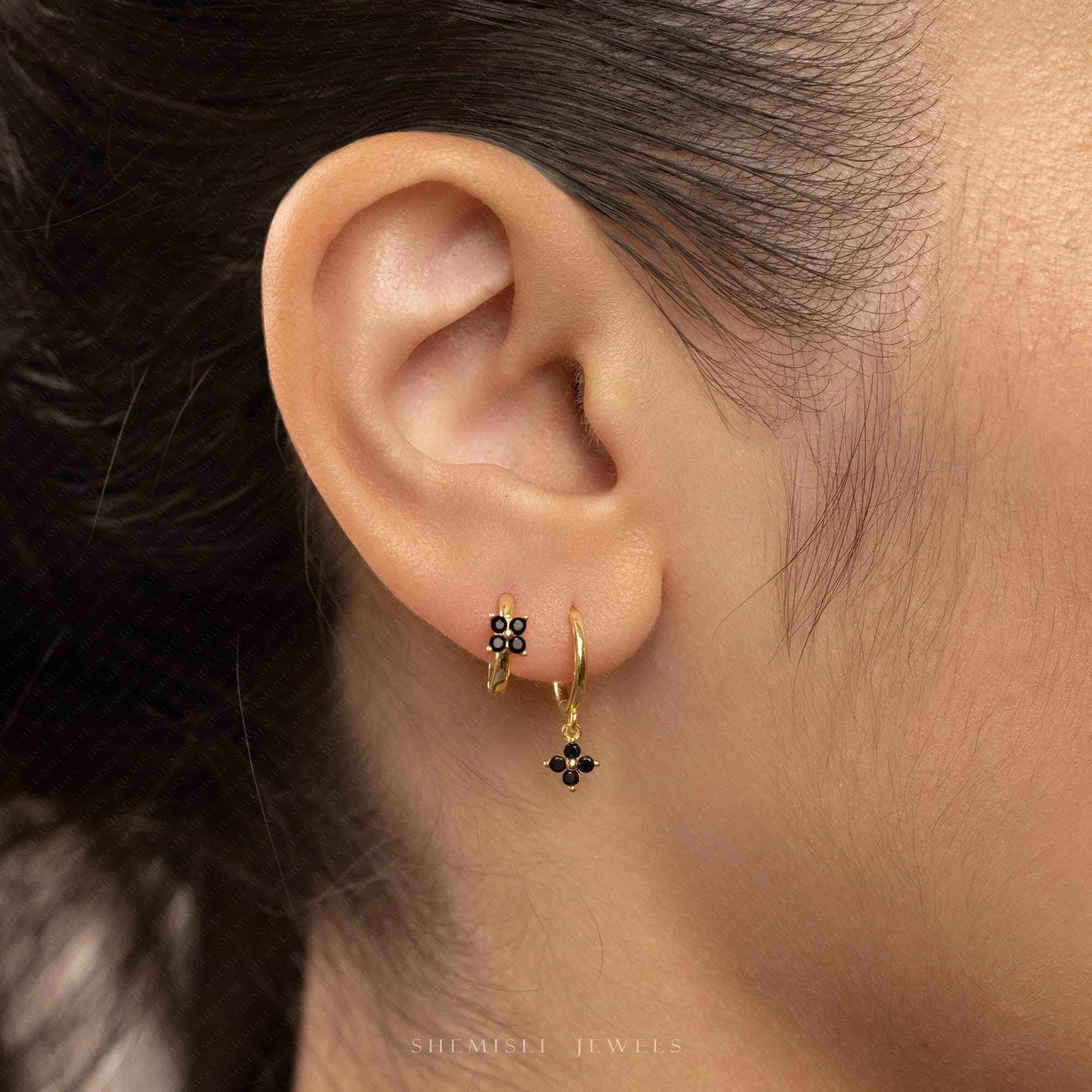 4 leaf Clover Black CZ Drop Hoop Earrings Stack Set, Flower Dangle Huggies, Unisex, Gold, Silver SHEMISLI SH585, SH544