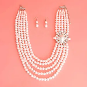 5 Strand Multi Strand Graduated White Faux Pearl Necklace Set