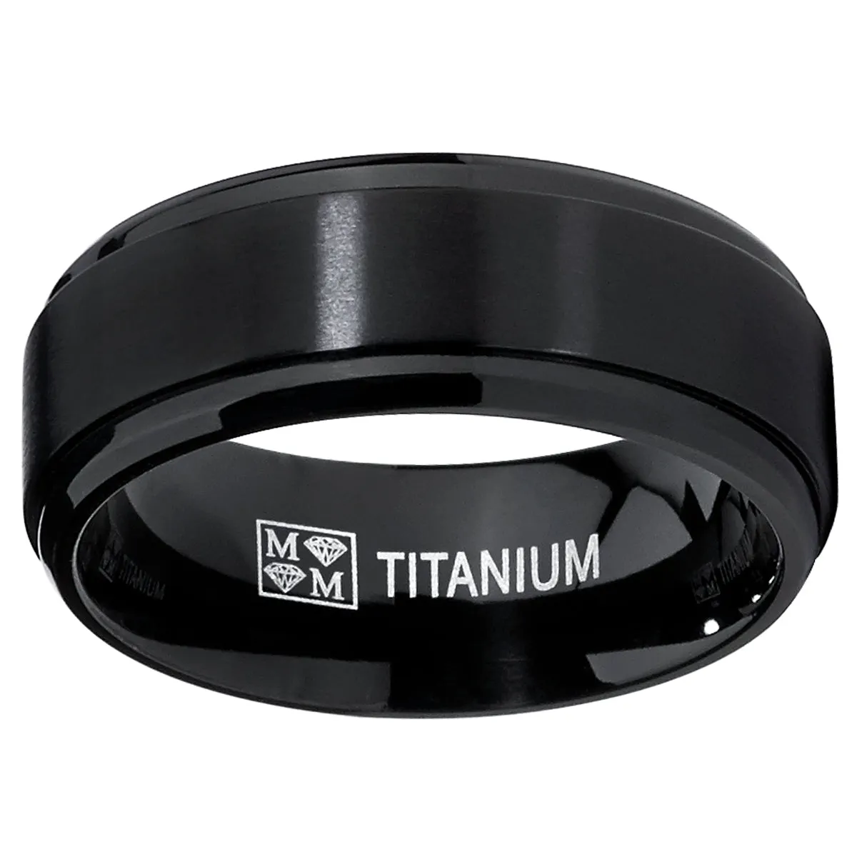 8MM Black Matte Finish Men's Titanium Ring Wedding Band, Beveled Edges Sizes 7 to 13