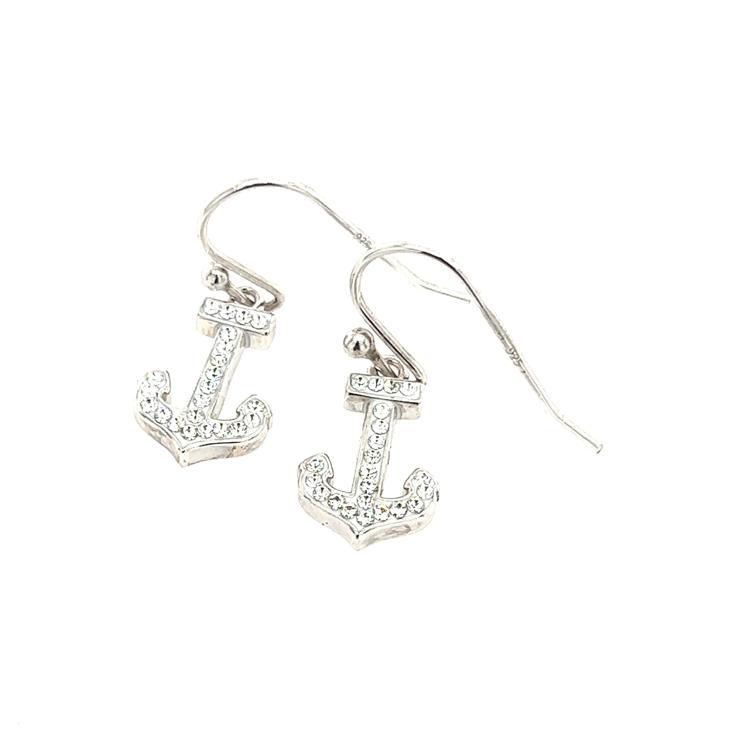 Anchor Drop Earrings with White Crystals in Sterling Silver