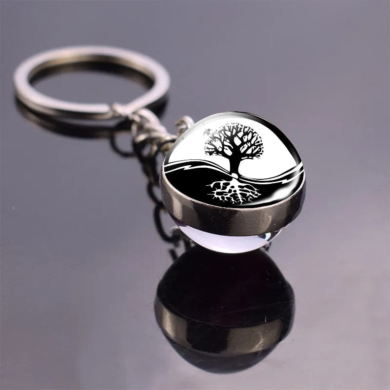 Black and White Symbols Key Chain Jewelry Life Tree Glass Ball Pendant Keychains