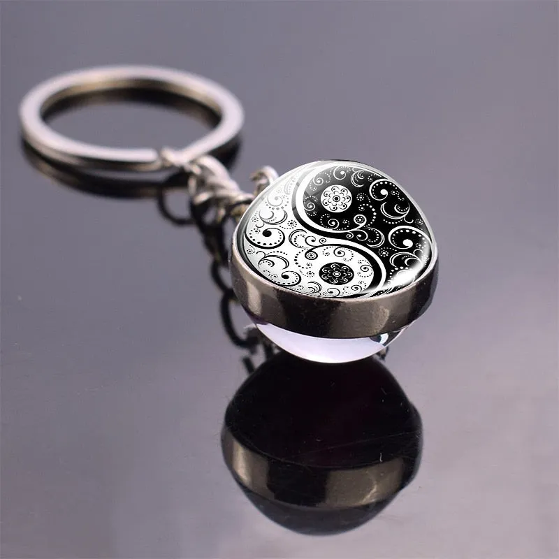 Black and White Symbols Key Chain Jewelry Life Tree Glass Ball Pendant Keychains