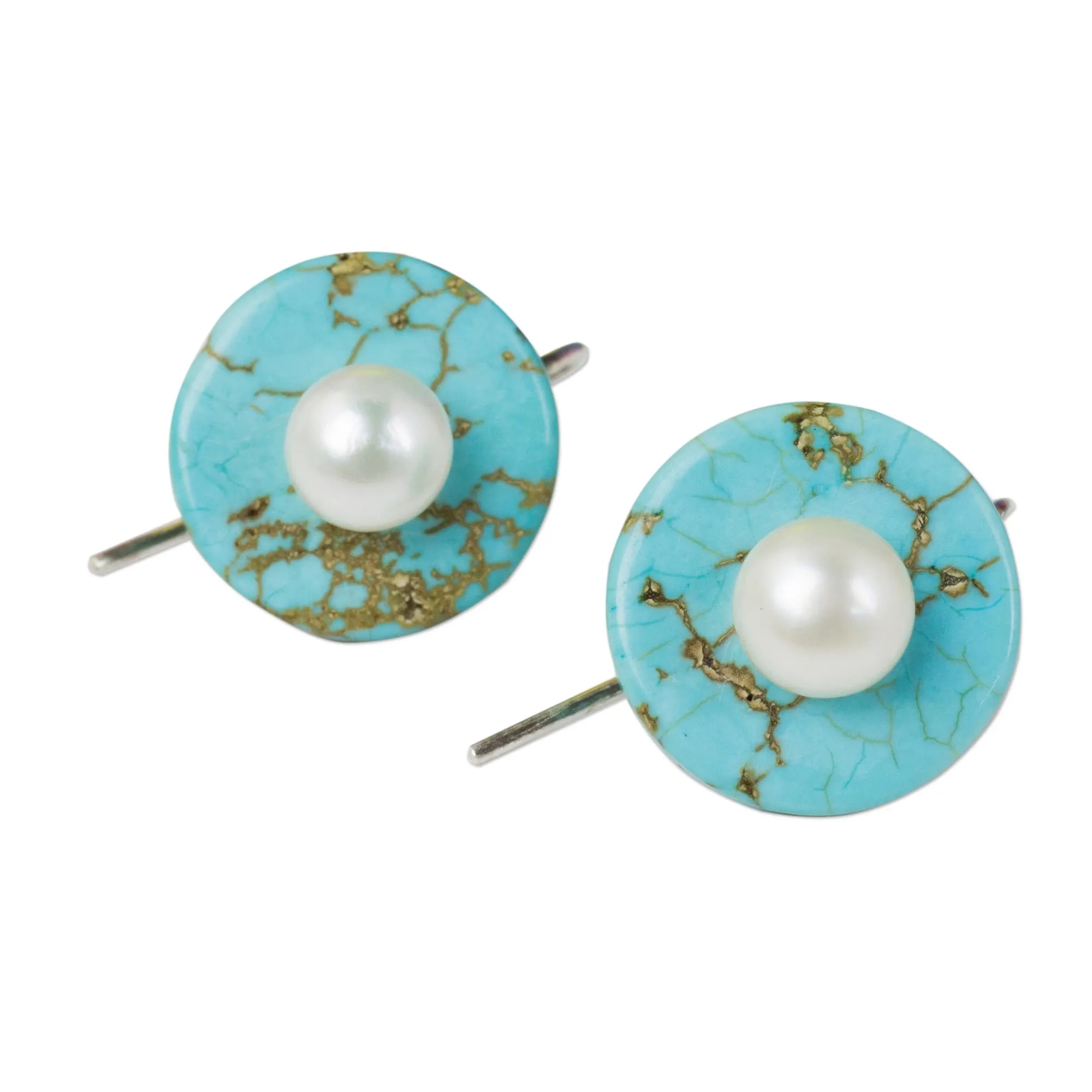 Bohemian Moon Turquoise Color Calcite Earrings with Cultured Pearls