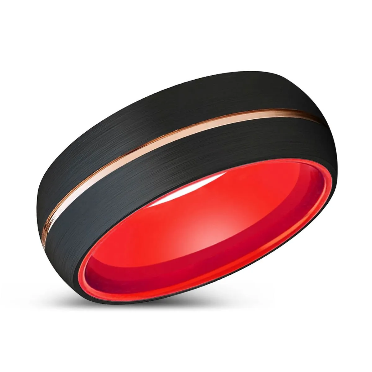 BOLD | Red Ring, Black Tungsten Ring, Rose Gold Groove, Domed