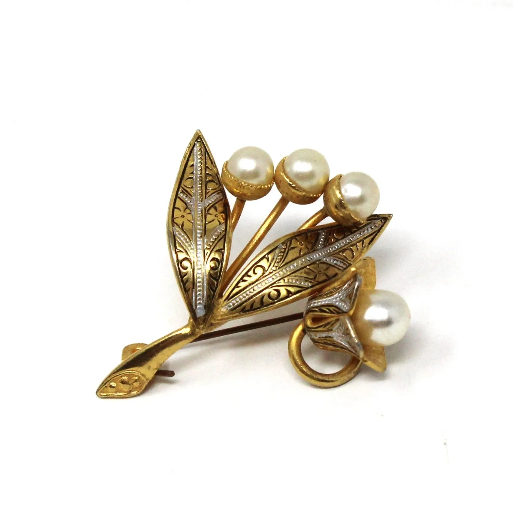 Brooch / Pin, Damascene Style, Floral with Faux Pearls, Vintage