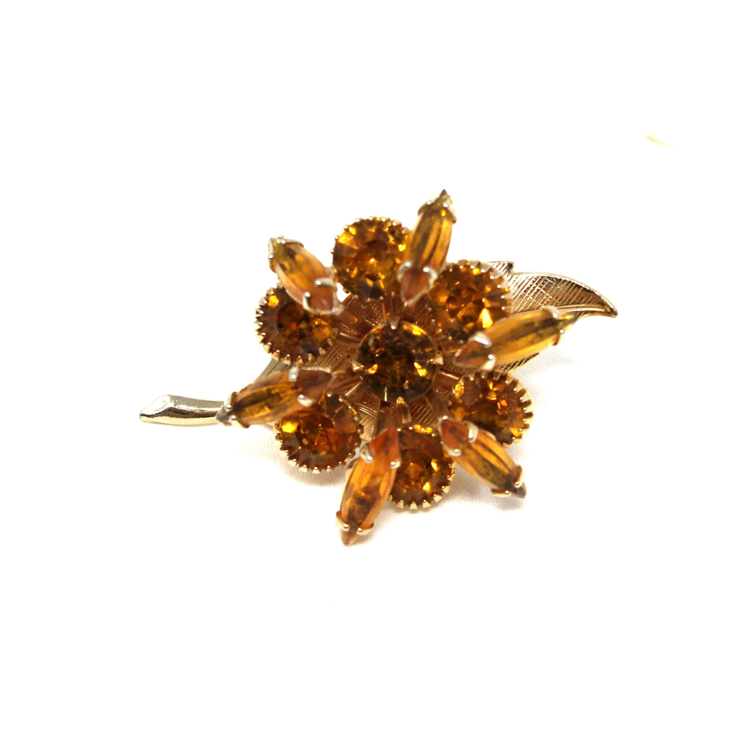 Brooch / Pin, Stemmed Flower Brooch, Amber / Topaz Navette Rhinestones, Art Deco, 3 Dimensional, Gold Tone, Vintage