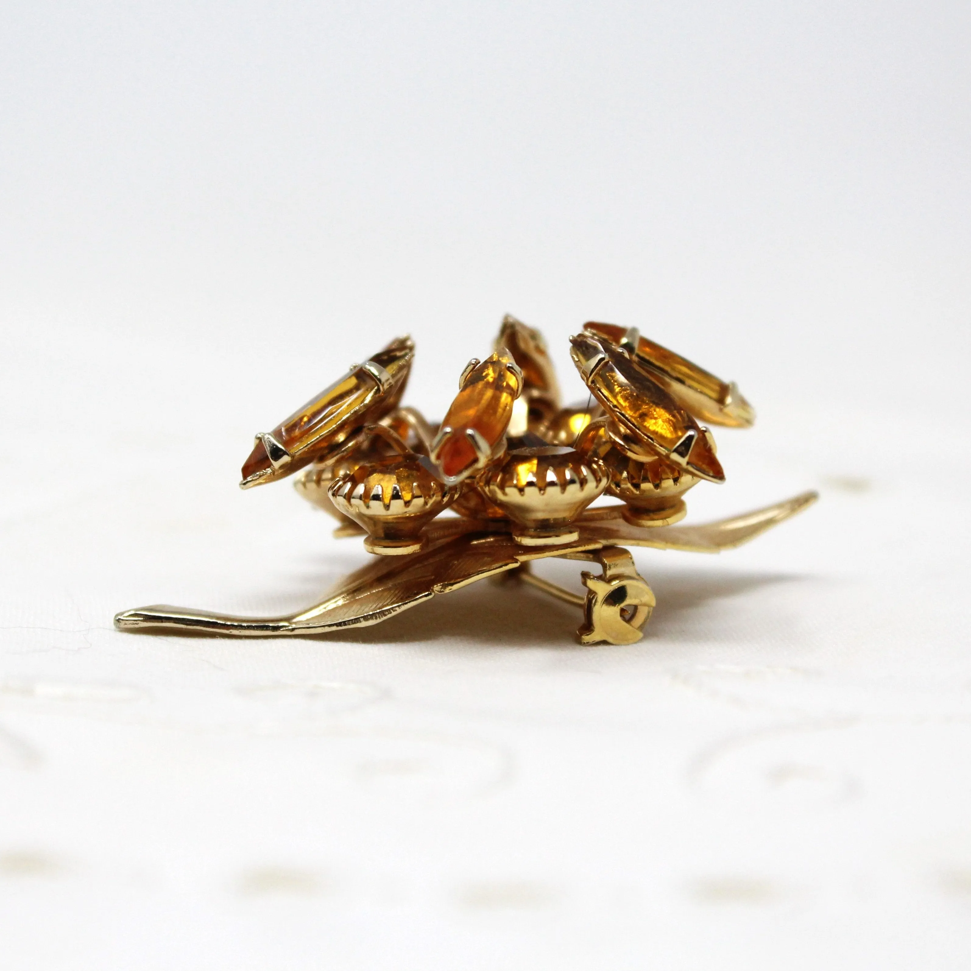 Brooch / Pin, Stemmed Flower Brooch, Amber / Topaz Navette Rhinestones, Art Deco, 3 Dimensional, Gold Tone, Vintage