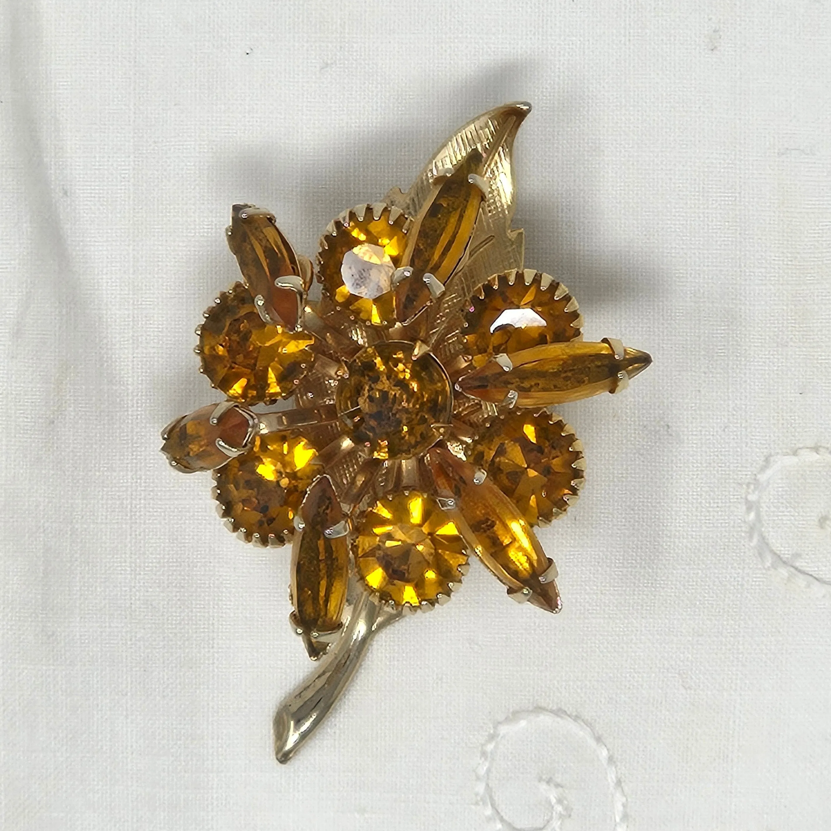 Brooch / Pin, Stemmed Flower Brooch, Amber / Topaz Navette Rhinestones, Art Deco, 3 Dimensional, Gold Tone, Vintage