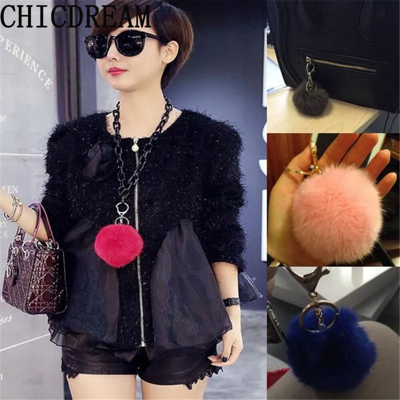 CHICDREAM Wholesale Fashion Chaveiro Keychain Fur Pom Pom Key Chain Real Rabbit Hair Bag Car Ornaments Fur Ball Pendants Trinket