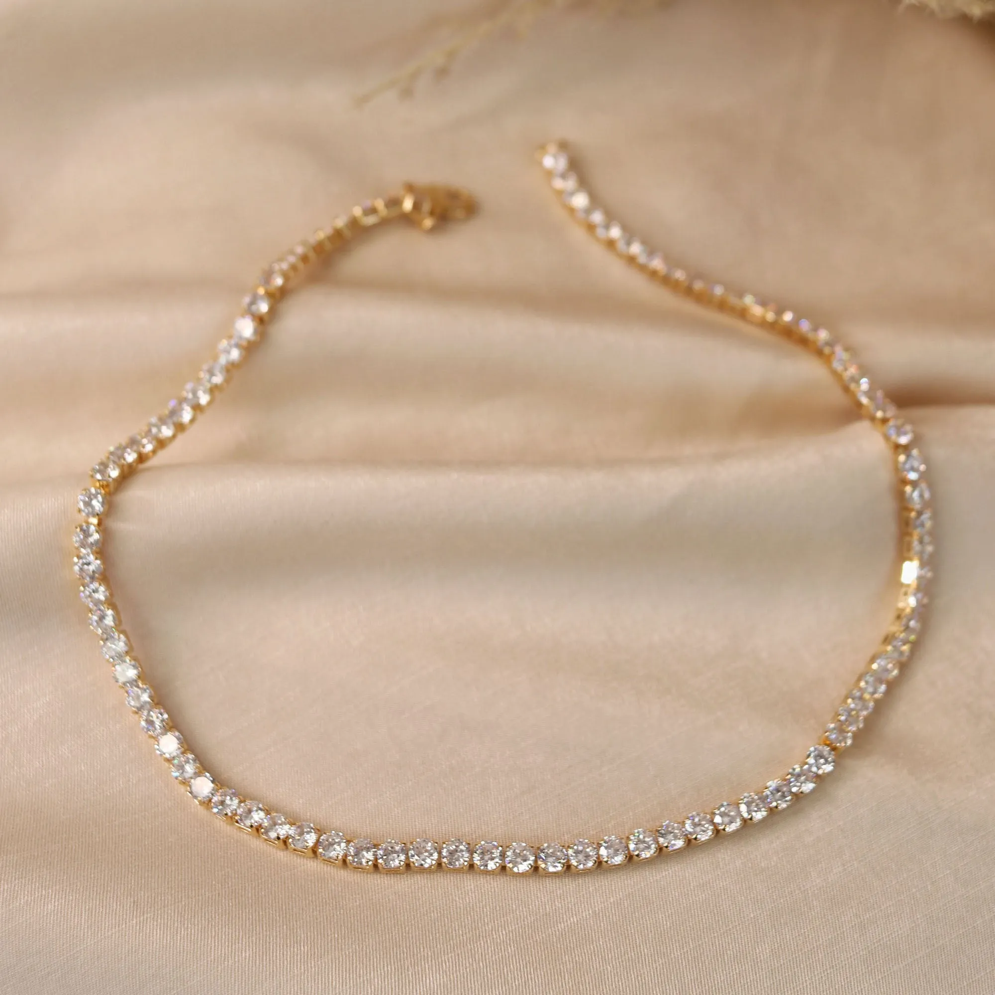 Classic Bridal Collar Necklace with CZ Round Prong Set 14K Gold Plated 16 Inch