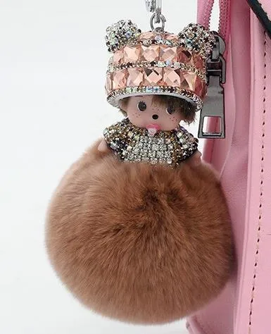 Crystal Monchichi sleutelhanger kiki Dolls real fur pom pom keychain car key chain ring women charm bag pendant porte clef