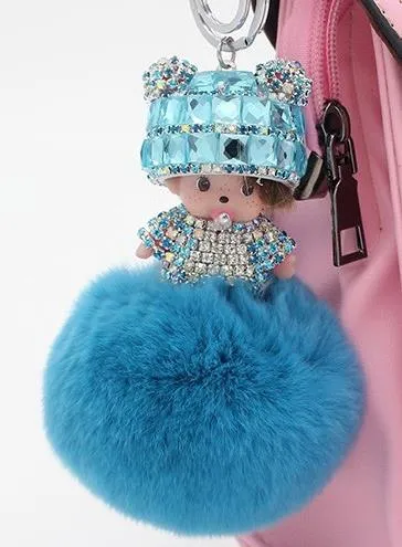 Crystal Monchichi sleutelhanger kiki Dolls real fur pom pom keychain car key chain ring women charm bag pendant porte clef