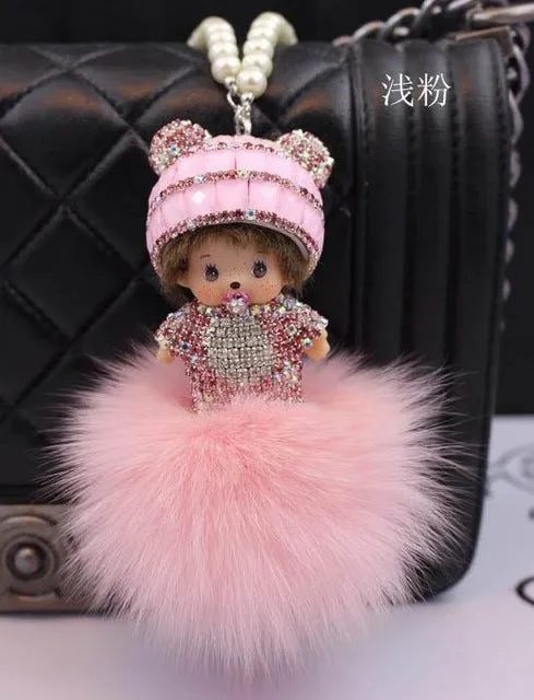 Crystal Monchichi sleutelhanger kiki Dolls real fur pom pom keychain car key chain ring women charm bag pendant porte clef