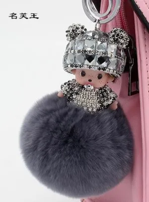 Crystal Monchichi sleutelhanger kiki Dolls real fur pom pom keychain car key chain ring women charm bag pendant porte clef