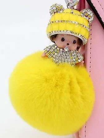 Crystal Monchichi sleutelhanger kiki Dolls real fur pom pom keychain car key chain ring women charm bag pendant porte clef