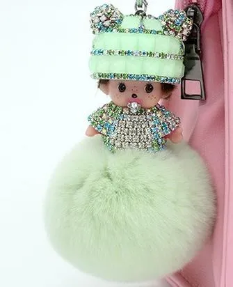 Crystal Monchichi sleutelhanger kiki Dolls real fur pom pom keychain car key chain ring women charm bag pendant porte clef