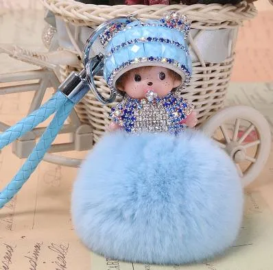 Crystal Monchichi sleutelhanger kiki Dolls real fur pom pom keychain car key chain ring women charm bag pendant porte clef