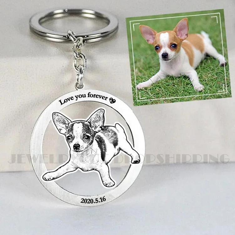 Customized Pet Keychain Photo personalized Jewelry 925 Sterling Silver Memory Keepsake Engrave Dog Cat Name Tag Portrait