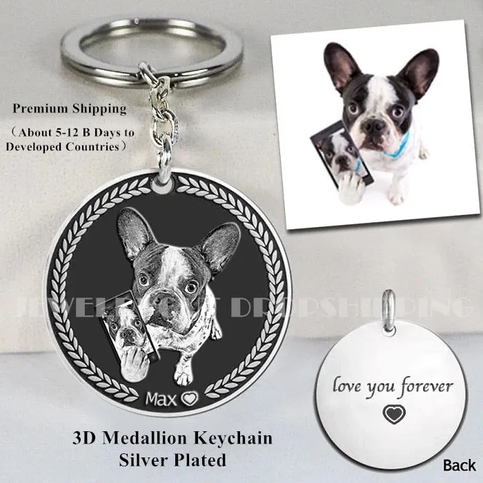 Customized Pet Keychain Photo personalized Jewelry 925 Sterling Silver Memory Keepsake Engrave Dog Cat Name Tag Portrait