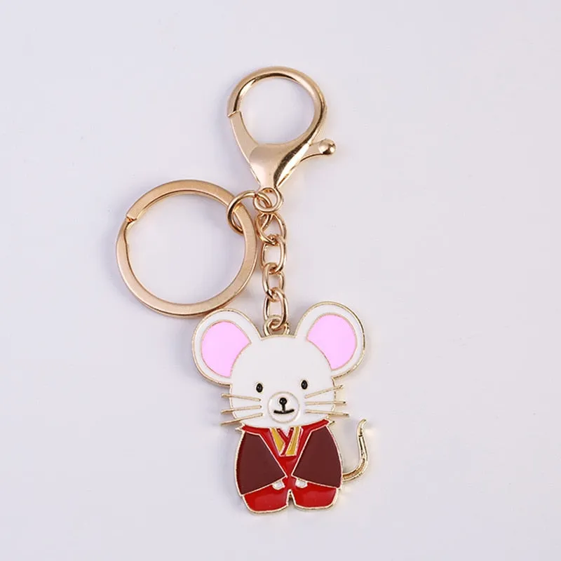 Cute Lucky 12 Zodiac Mouse Keychain Crystal Enamel Handbag Charms Rat Animal Keyrings