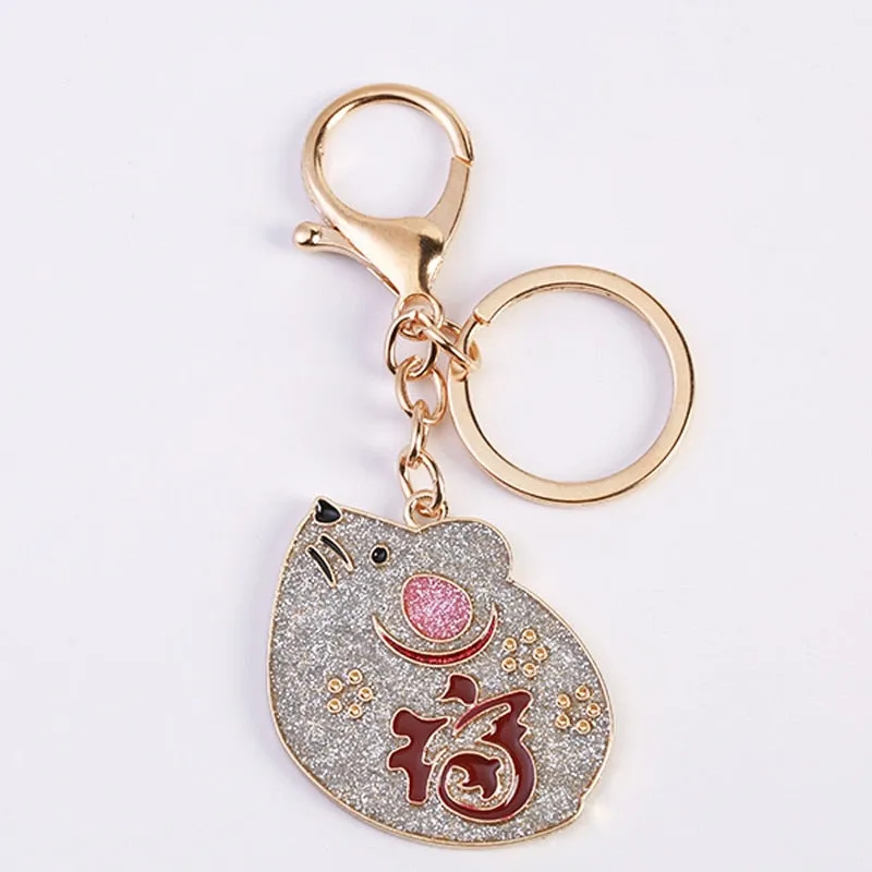 Cute Lucky 12 Zodiac Mouse Keychain Crystal Enamel Handbag Charms Rat Animal Keyrings