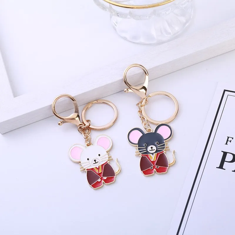 Cute Lucky 12 Zodiac Mouse Keychain Crystal Enamel Handbag Charms Rat Animal Keyrings