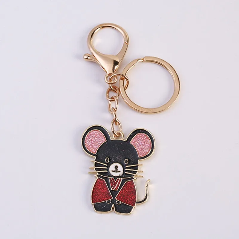 Cute Lucky 12 Zodiac Mouse Keychain Crystal Enamel Handbag Charms Rat Animal Keyrings