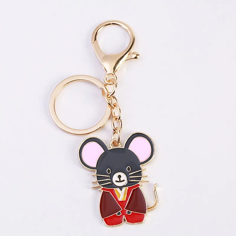 Cute Lucky 12 Zodiac Mouse Keychain Crystal Enamel Handbag Charms Rat Animal Keyrings