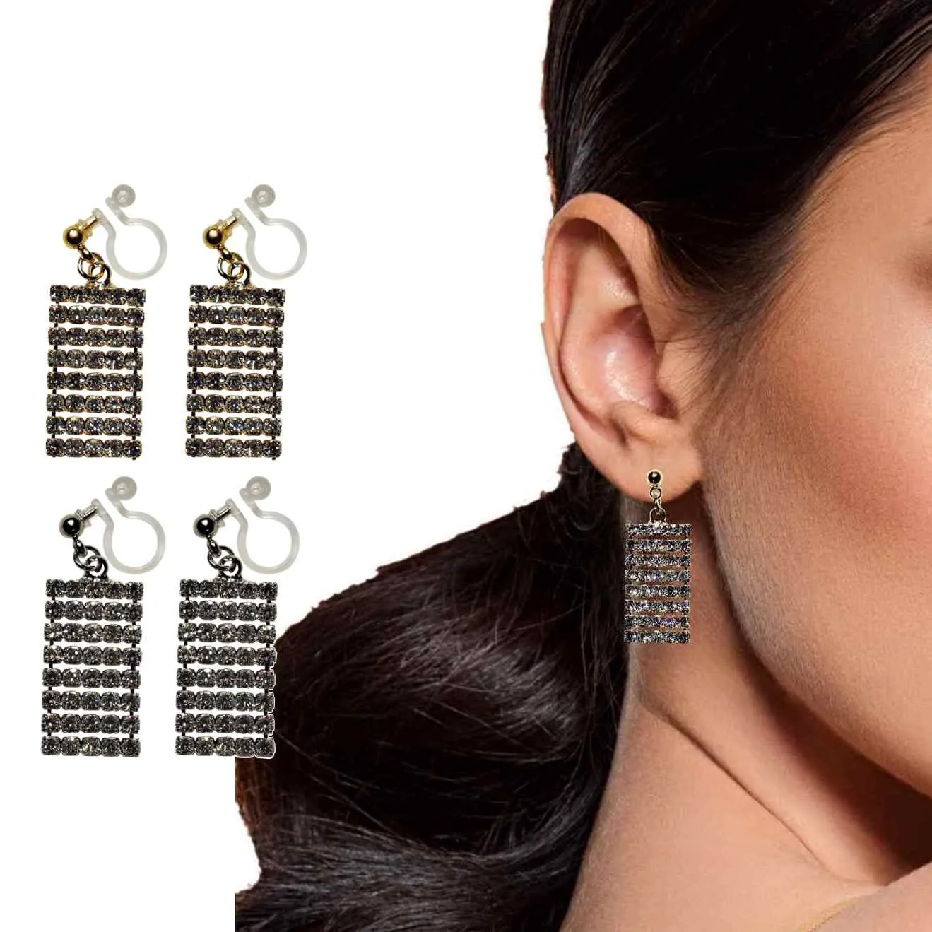 Dangle Chic Rectangular Rhinestone Crystal Invisible Clip-On Earrings