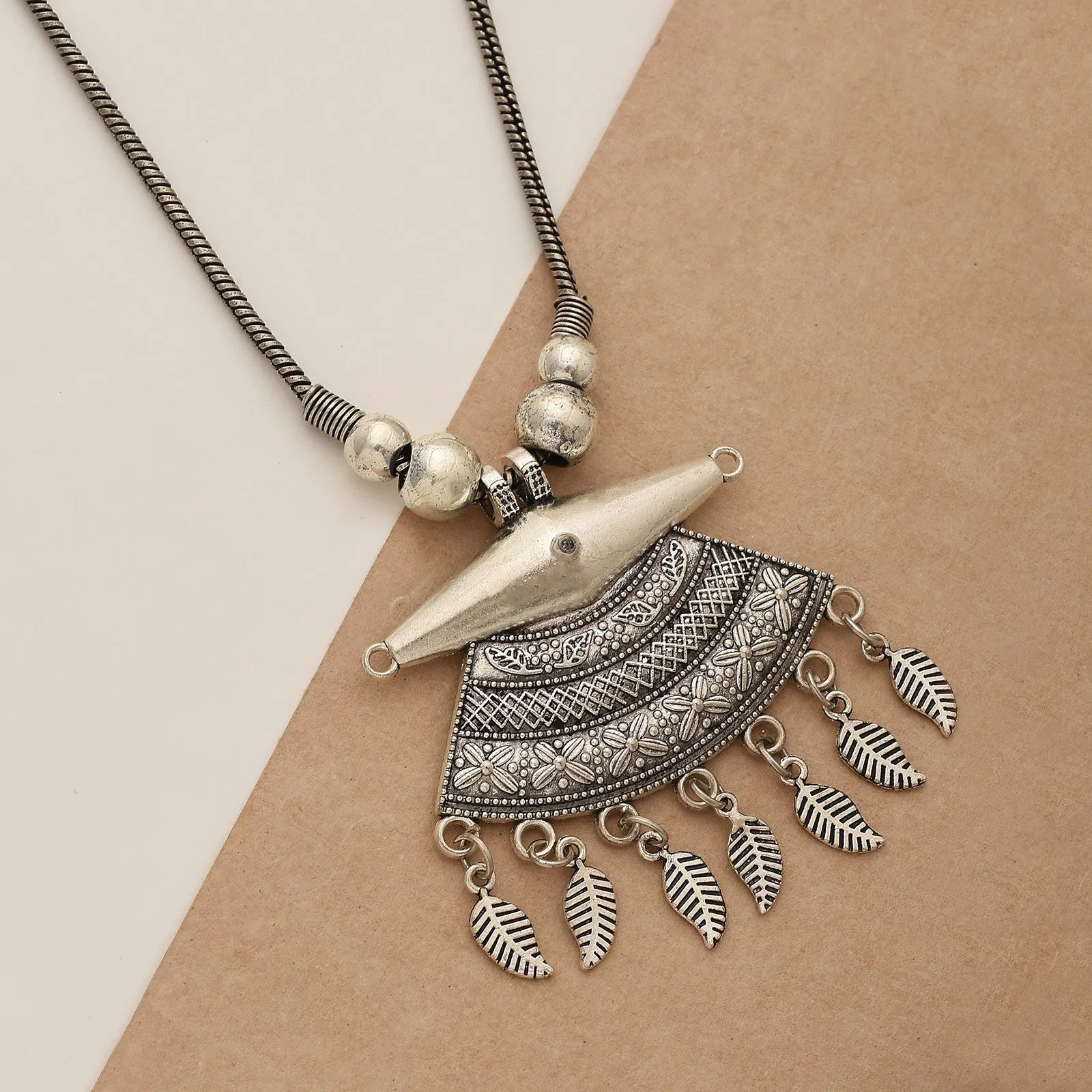 Designer German Silver Kolhapuri Long Pendant Necklace