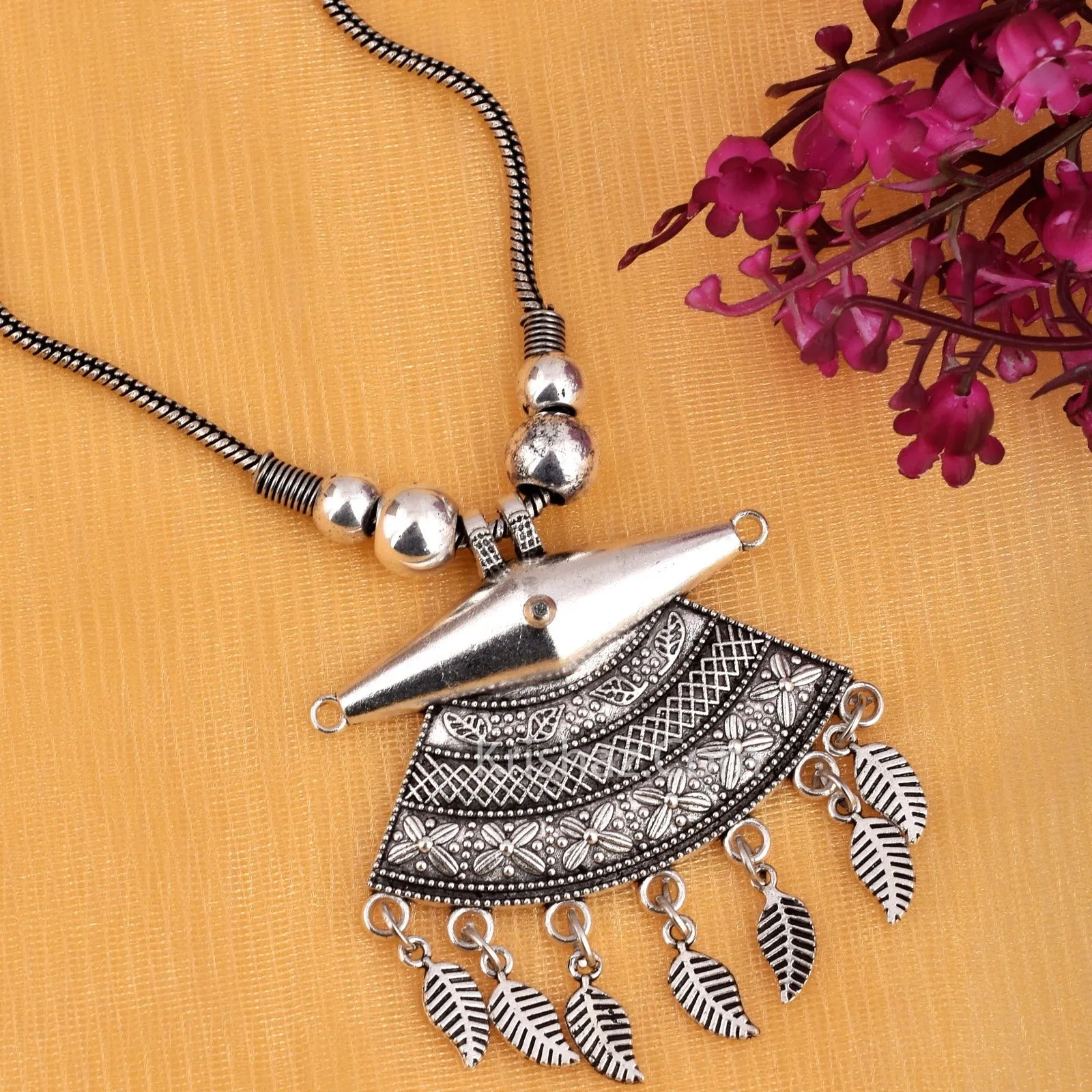 Designer German Silver Kolhapuri Long Pendant Necklace