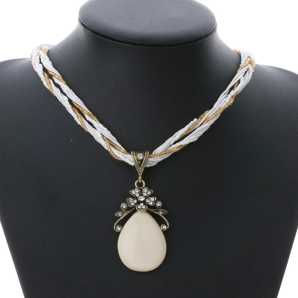 Elegant 2016 New Ethnic Style Alloy Rhinestone Necklace Natural Stone Pendant Chain Choker Bib Statement Necklace