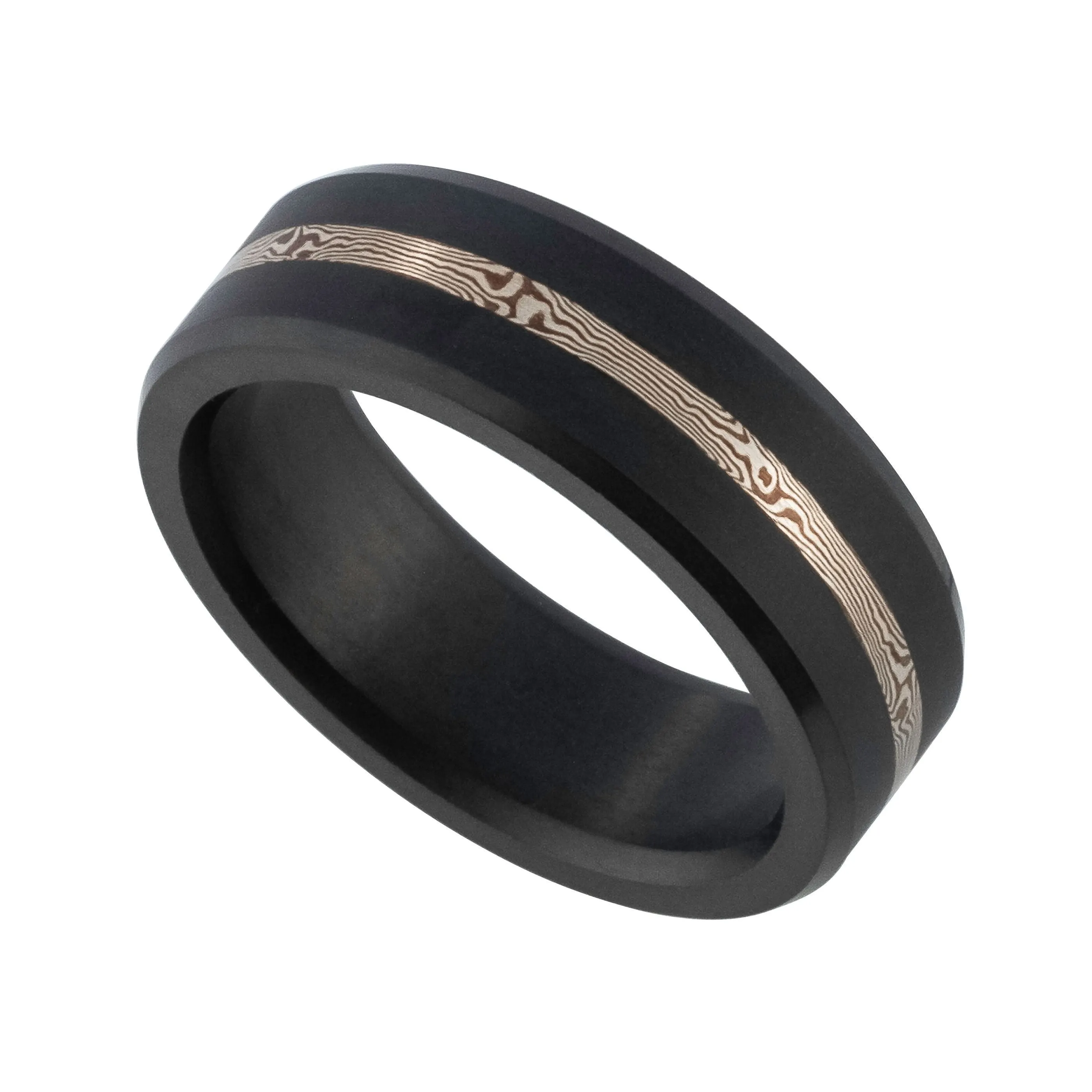 Elysium Ares Matte Black Diamond Wedding Ring with 14 Carat Yellow Gold Mokume Inlay