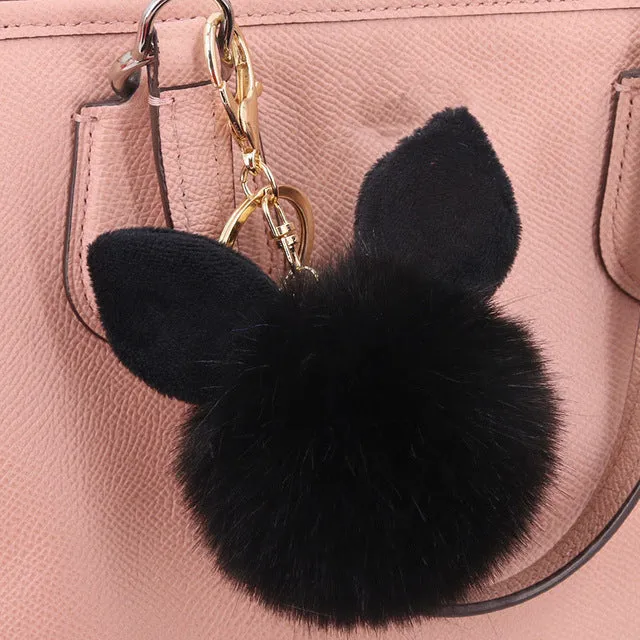 Fashion Pompom Keychain Round Fake Rabbit Fur Ball Key Chain With Ears Cute Women Charms Bunny Keychains Keyring Decorator