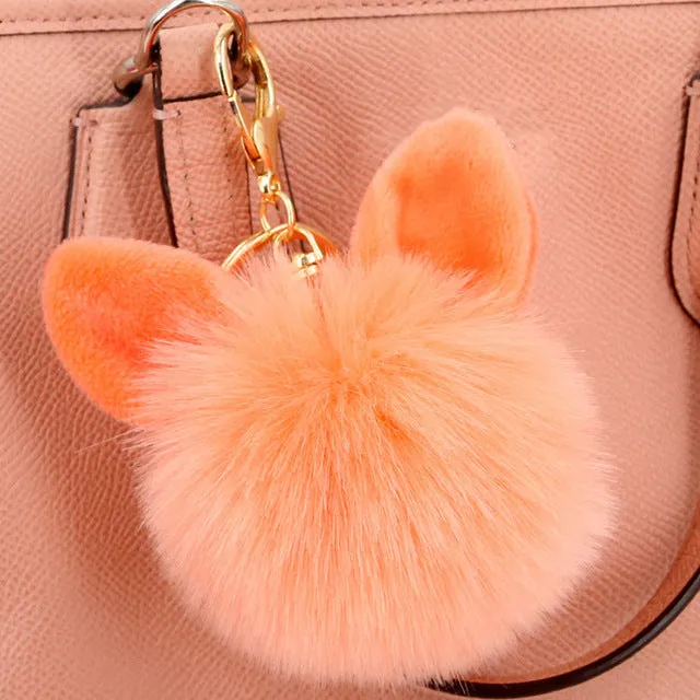 Fashion Pompom Keychain Round Fake Rabbit Fur Ball Key Chain With Ears Cute Women Charms Bunny Keychains Keyring Decorator