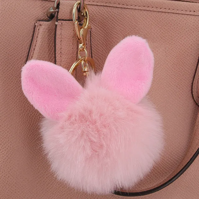 Fashion Pompom Keychain Round Fake Rabbit Fur Ball Key Chain With Ears Cute Women Charms Bunny Keychains Keyring Decorator