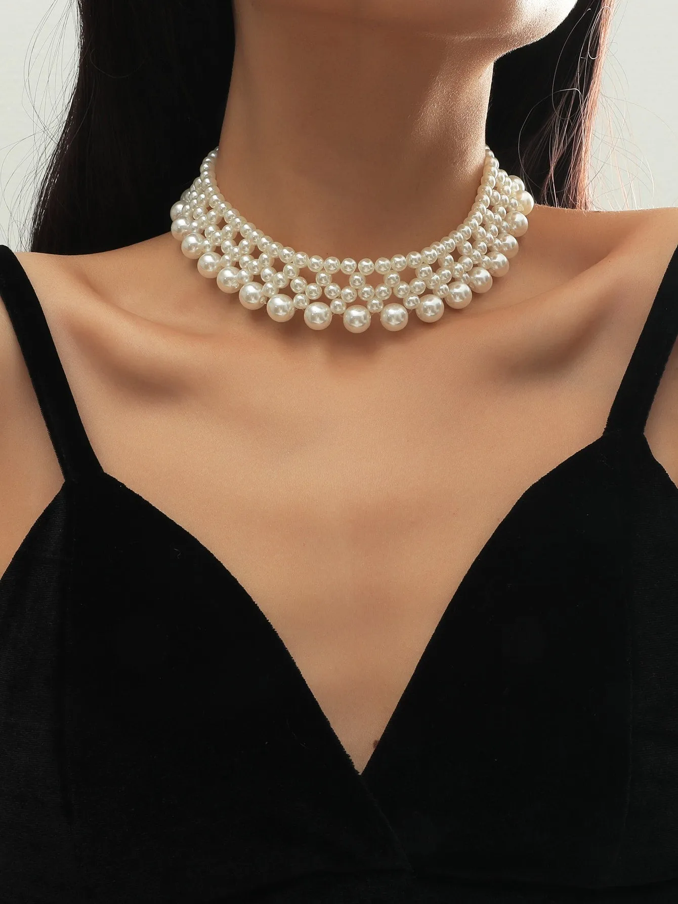 Faux Pearl Wide Layered Necklace Statement Necklace Modern Necklace Creative