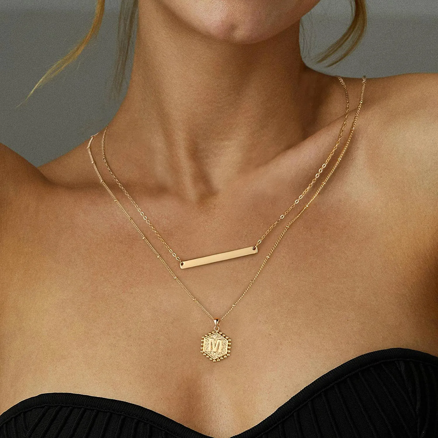 Gold Layered Initial Necklaces for Women, 14K Gold Plated Bar Necklace Handmade Layering Hexagon Letter Pendant Beads Chain Necklace Layered Necklaces for Women Gold Jewelry Gifts