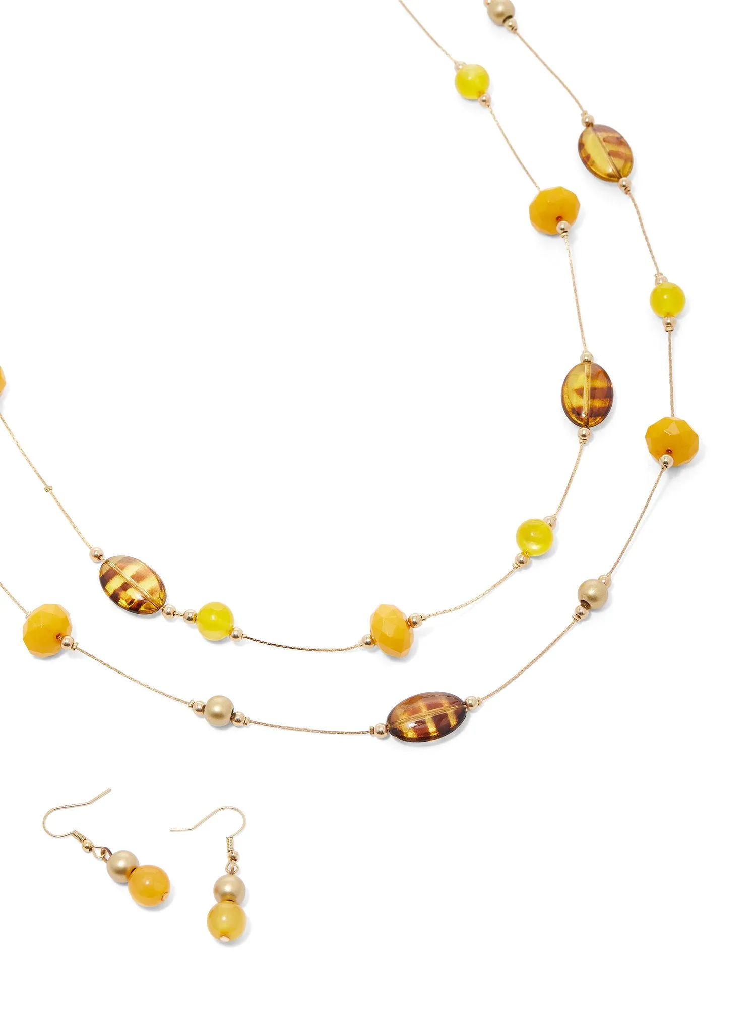 Gold-Tone Layered Beaded Necklace and Earrings Set