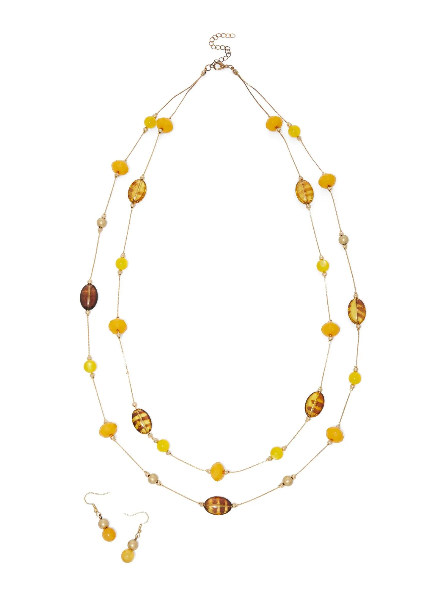 Gold-Tone Layered Beaded Necklace and Earrings Set